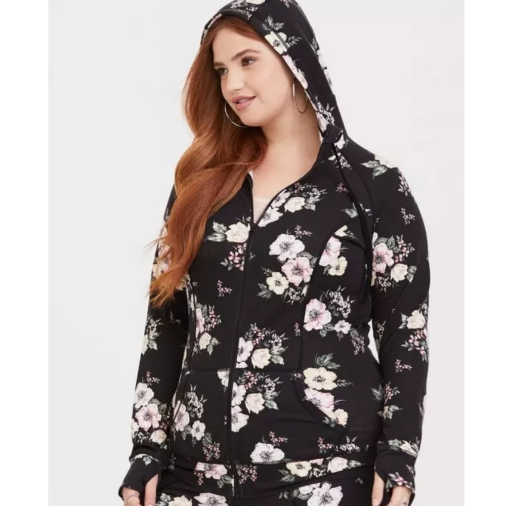 Torrid Slim Fit Knit Raglan Zip Up Hoodie Black Floral Womens Plus Size 2X